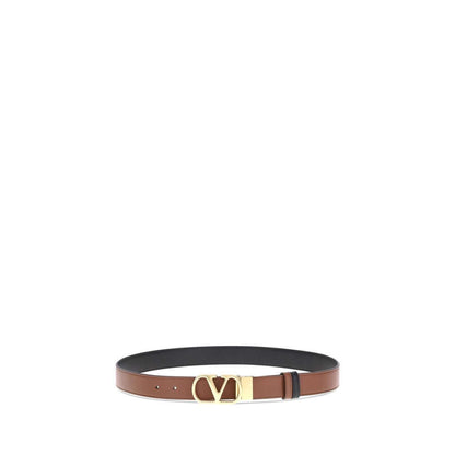 Valentino Garavani Brown Calf Leather Bos Taurus Regular Belt with gold VLogo buckle, reversible design for versatile styling.