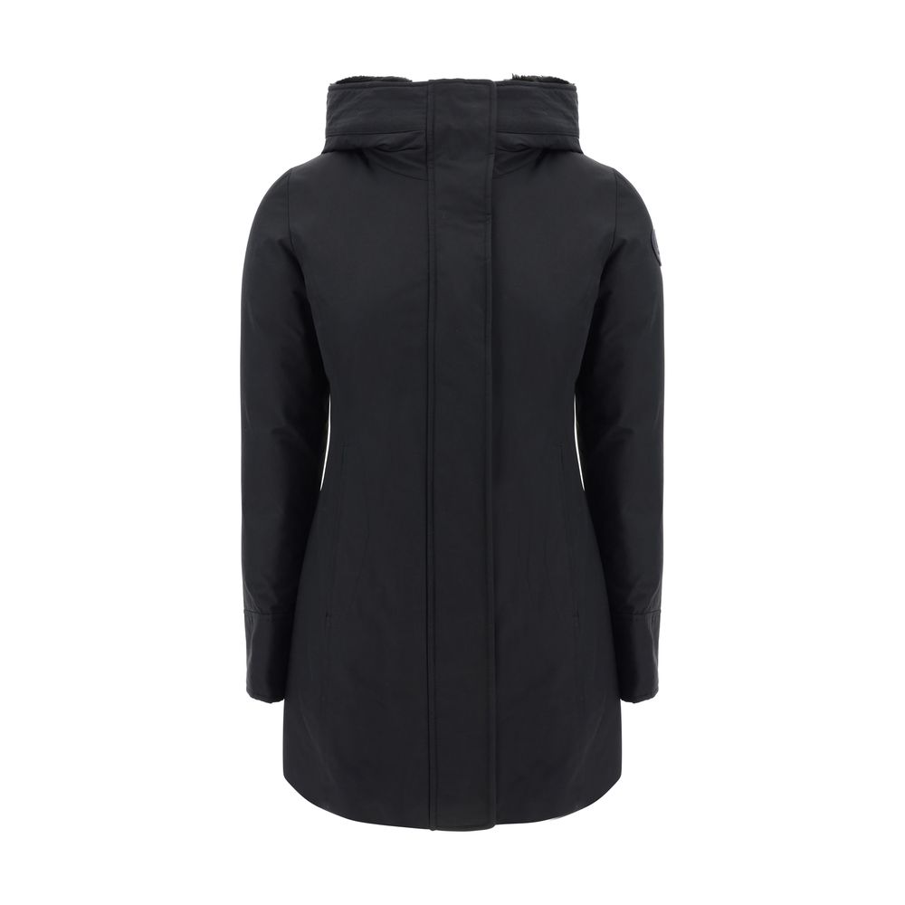 Woolrich Black Nylon Parka with faux fur-lined hood, front zipper, elastic cuffs, and iconic logo, shown from back view.