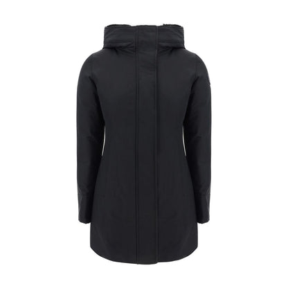 Woolrich Black Nylon Parka with faux fur-lined hood, front zipper, elastic cuffs, and iconic logo, shown from back view.