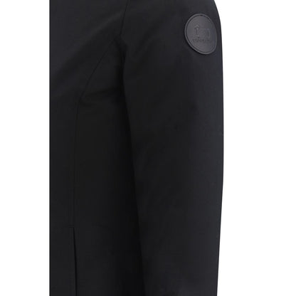 Woolrich Black Nylon Parka with logo patch, faux fur-lined hood, elastic cuffs, and quilted lining, perfect for AW25 season.