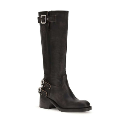 Chloé Black Calf Leather Bos Taurus Lace-Up Boots with silver buckles and rubber-laminated heel, showcasing tubular shaft design.