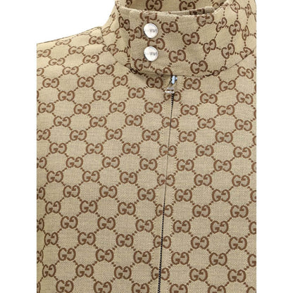 Gucci Beige Cotton Shell Jacket with GG Supreme pattern, high collar, snap buttons, and front zipper closure, AW25 season design.