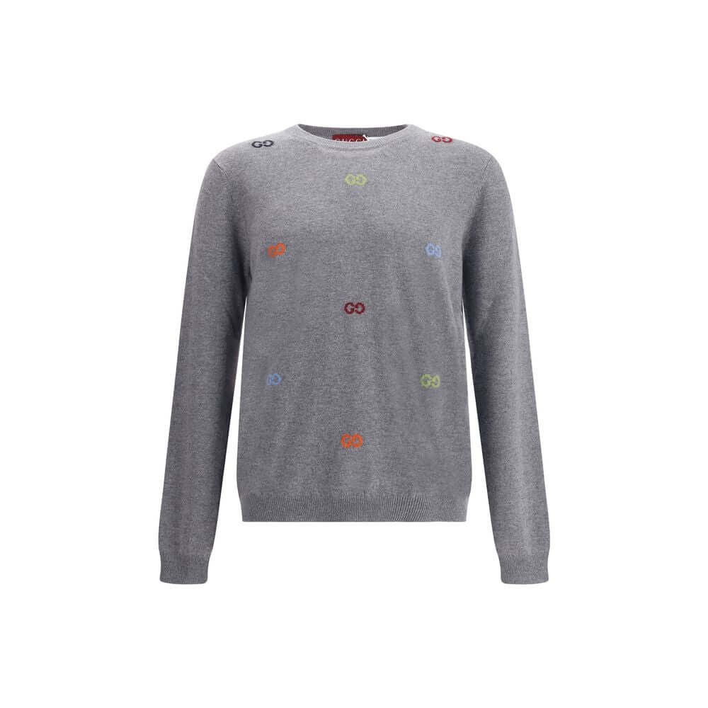 Gucci Gray Cashmere Sweatshirt with multicolor jacquard logo, ribbed crew neck, cuffs, and hem, made in Italy. Season: AW25.