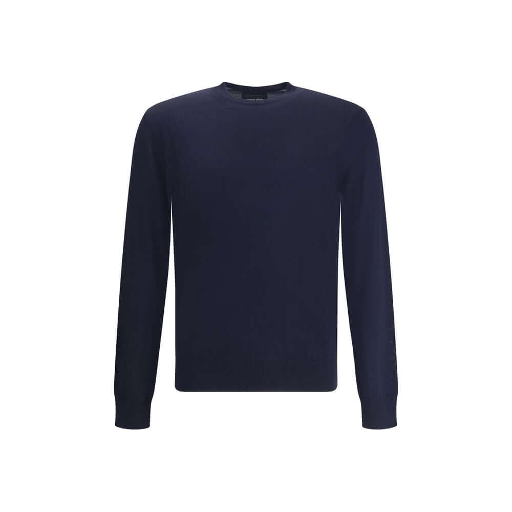Giorgio Armani Blue Fleece Wool Sweatshirt with crew neck and ribbed details, ideal for a slim, sophisticated look, made in Italy.
