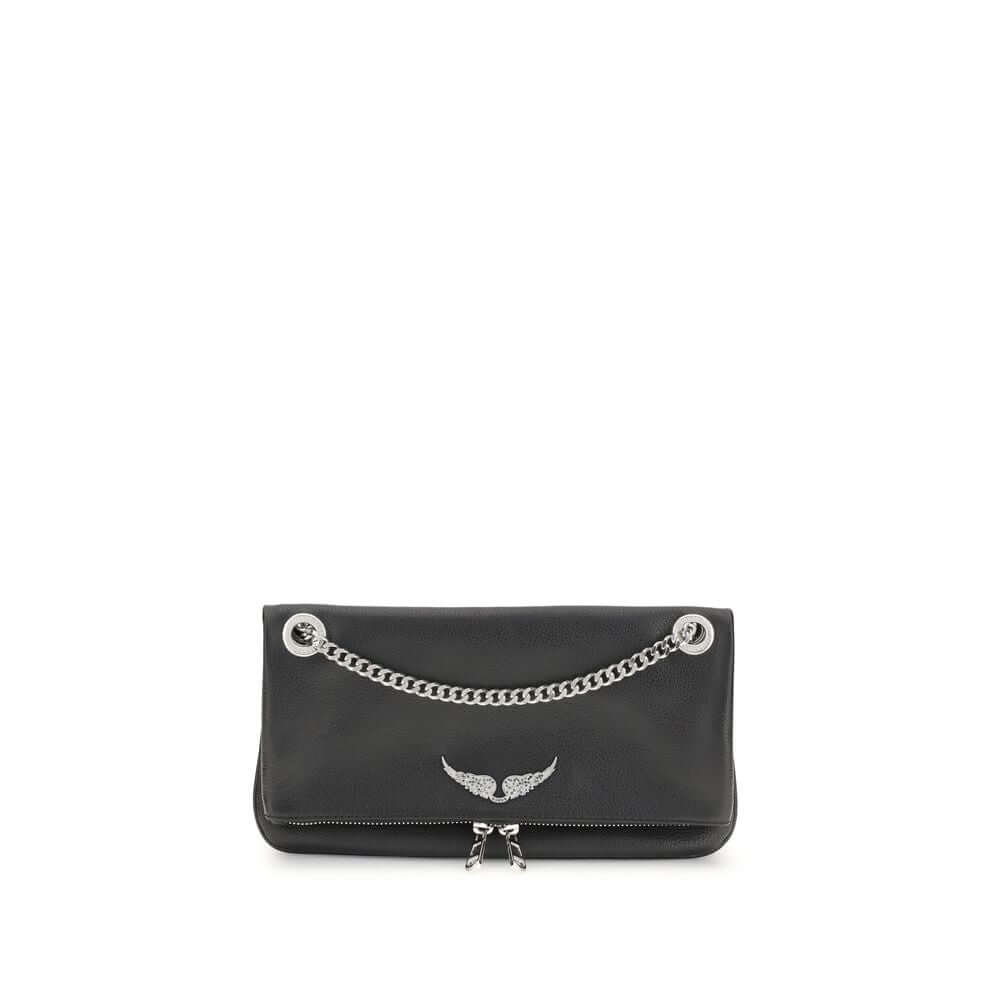 Zadig & Voltaire Black Leather Shoulder Bag with chain and metallic logo for rock-chic fashion.