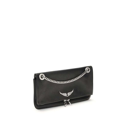 Zadig & Voltaire Black Leather Shoulder Bag with chain detail and logo on flap, featuring zip and magnetic closure pockets.