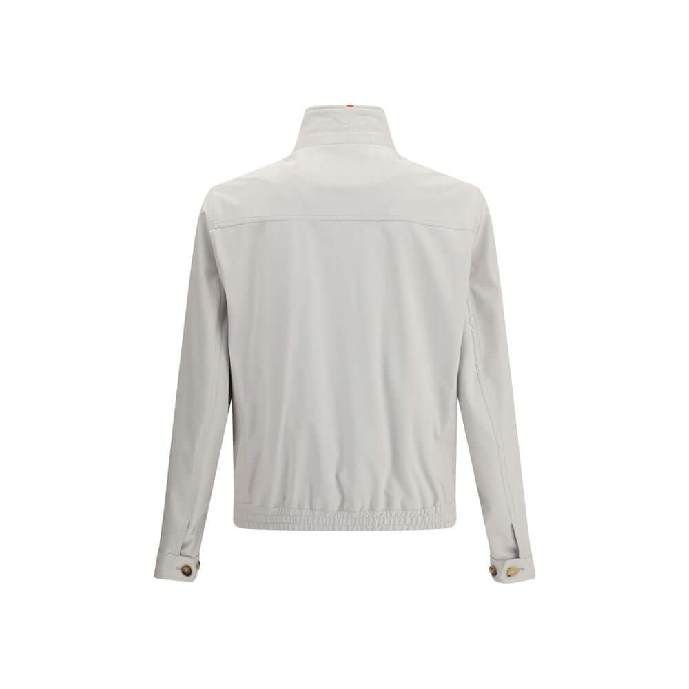 Back view of Brunello Cucinelli Gray Polyamide Shell Jacket featuring a structured collar and elastic hem.