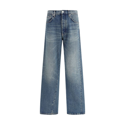Sunflower Blue Cotton Jeans Denim with wide twist design and vintage wash effect.