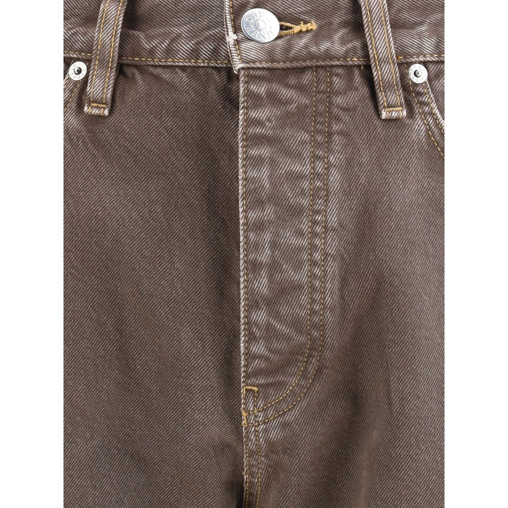 Sunflower Brown Cotton Relaxed Fit Jeans featuring button and zipper closure, belt loops, and recycled metal trim for sustainable fashion.