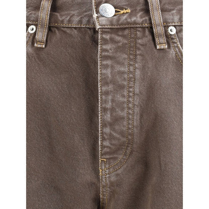 Sunflower Brown Cotton Relaxed Fit Jeans featuring button and zipper closure, belt loops, and recycled metal trim for sustainable fashion.