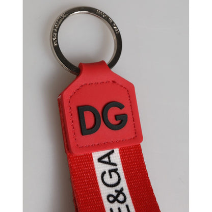 Dolce & Gabbana Red Logo Polyester Silver Brass Holder Keychain Keyring