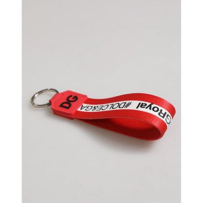 Dolce & Gabbana Red Logo Polyester Silver Brass Holder Keychain Keyring