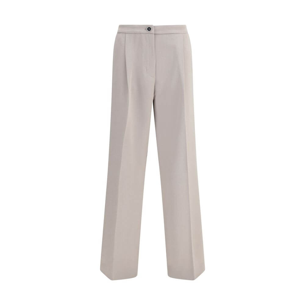 Cruna Beige Polyester Casual Pants with wide leg, front zip, button fastening, and slash pockets. Versatile Italian design.
