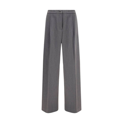 Cruna Gray Polyester Casual Pants with wide leg design, front zip, button fastening, and multiple pockets for versatile style.