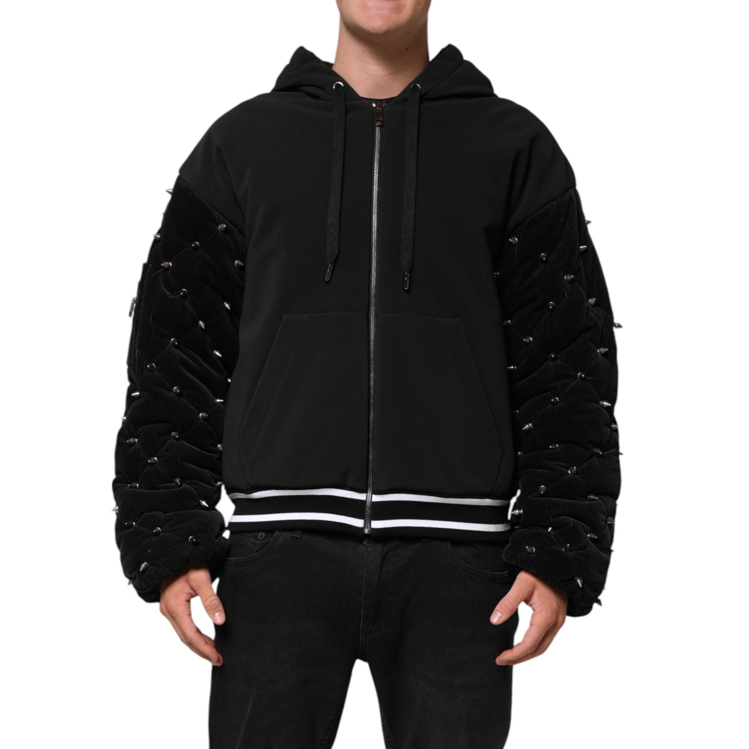 Dolce & Gabbana Black Cotton Quilted Studded Sleeve Hoodie Jacket