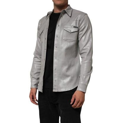Dolce & Gabbana Gray Coated Cotton Snap Button Logo Men Shirt
