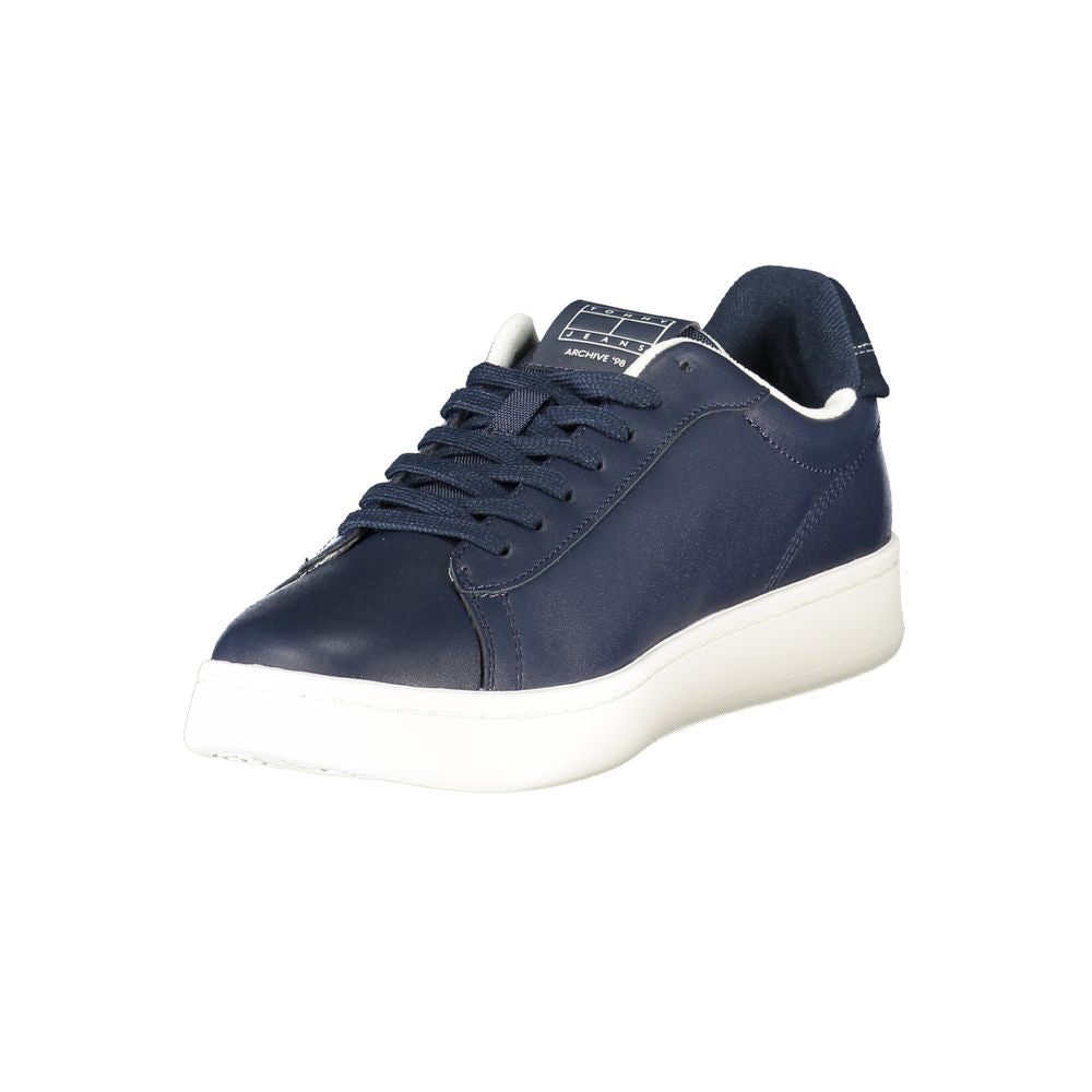 Tommy Hilfiger Blue Leather Men Sneaker with bold design and removable footbed for comfort and style.
