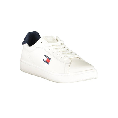 Tommy Hilfiger White Leather Men Sneaker with blue accents and logo, showcasing modern style and comfort for a fashion-forward look.