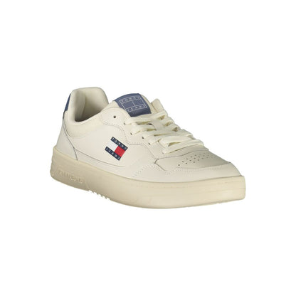 Tommy Hilfiger White Leather Men Sneaker with blue accents and iconic logo, featuring a removable footbed for comfort and style.