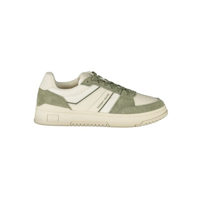 Alt Tag: Tommy Hilfiger White Leather Men Sneaker with green accents, stylish design, luxury footwear