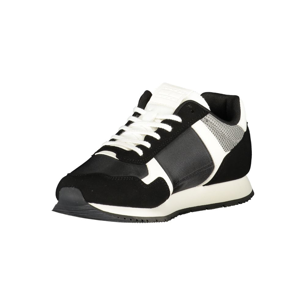 Tommy Hilfiger Black Polyester Men Sneaker with contrasting details and logo, featuring a removable footbed for comfort. Ideal for trendsetters.