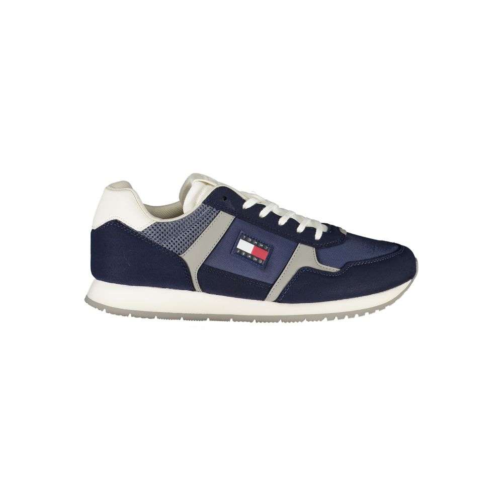 Tommy Hilfiger Blue Polyester Men Sneaker with logo, stylish and comfortable lace-up design, ideal for fashion-forward individuals.