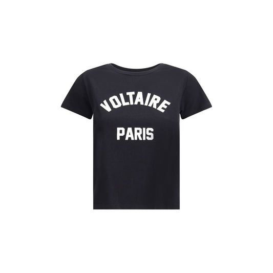 Zadig & Voltaire Black Cotton T-Shirt with contrasting Voltaire Paris logo, ribbed crew neck, perfect for casual style. AW25 collection, 100% cotton.