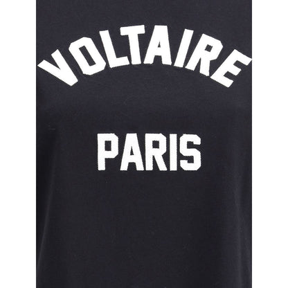 Zadig & Voltaire Black Cotton T-Shirt with contrasting Voltaire Paris logo on front, ribbed crew neck, perfect casual wear.