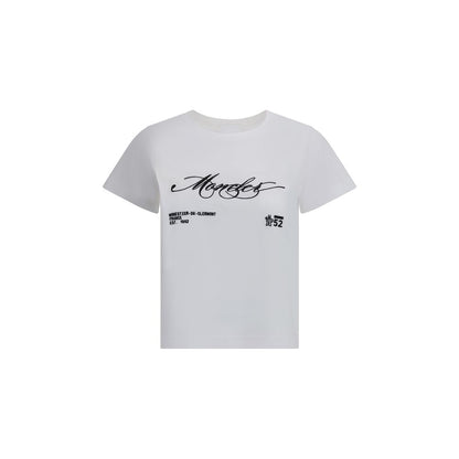 Moncler White Cotton T-Shirt with embroidered logo, ribbed crew neck, and crop cut for a modern look, ideal for casual style AW25 collection.