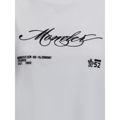 Moncler White Cotton T-Shirt with embroidered logo, ribbed crew neck, crop cut, and essential modern style, perfect for curated casual looks.
