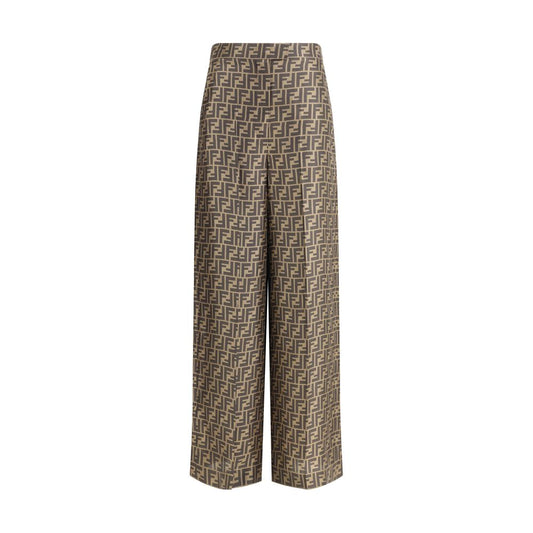 Fendi Brown Silk Casual Pants with monogram pattern, high waist, palazzo cut, and button closure, offering elegance and timeless appeal.