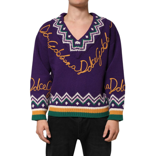 Dolce & Gabbana Purple Wool DG Logo Men Knit Pullover Sweater
