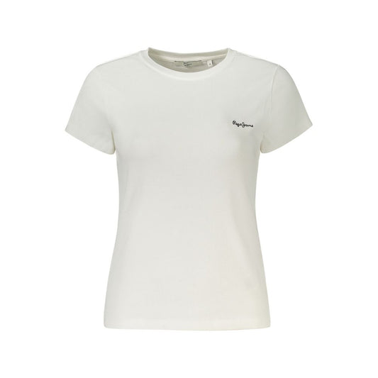 Pepe Jeans White Cotton Women T-Shirt with logo, short-sleeved, perfect for casual outings or streetwear, emphasizing sustainability.