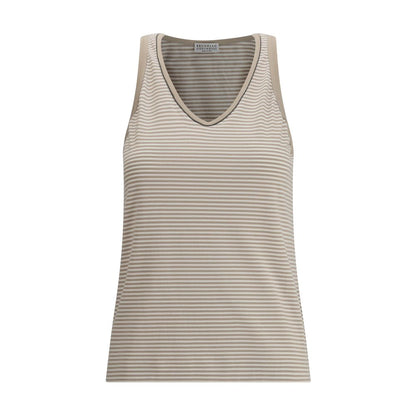 Brunello Cucinelli Beige Cotton Top with stripes and wide neckline, elegant and lightweight design for modern women, AW25 collection.