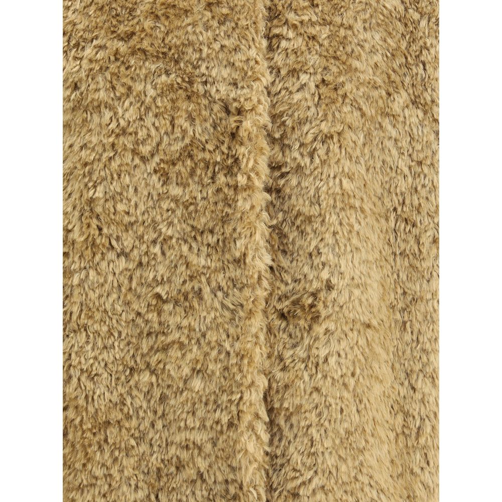 Close-up of Herno Beige Polyester Coat with fur texture, highlighting eco-friendly materials and minimal design.