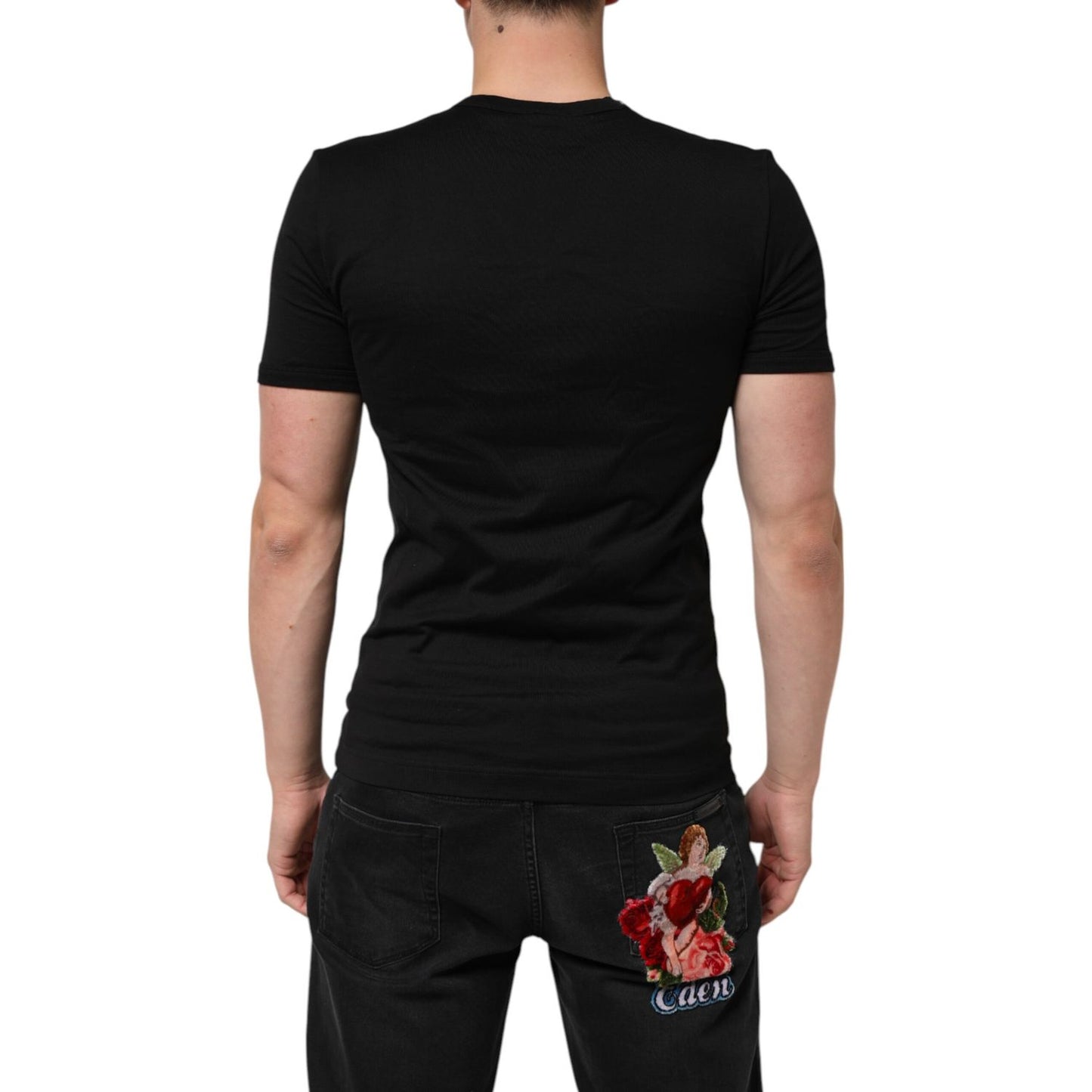 Dolce & Gabbana Black Cotton Plain V-Neck Men Shirt T-shirt