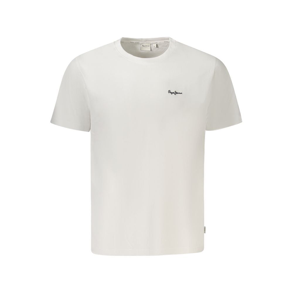 Pepe Jeans White Cotton Men T-Shirt featuring crew neck and subtle logo embroidery, crafted from organic cotton for sustainable casual style.