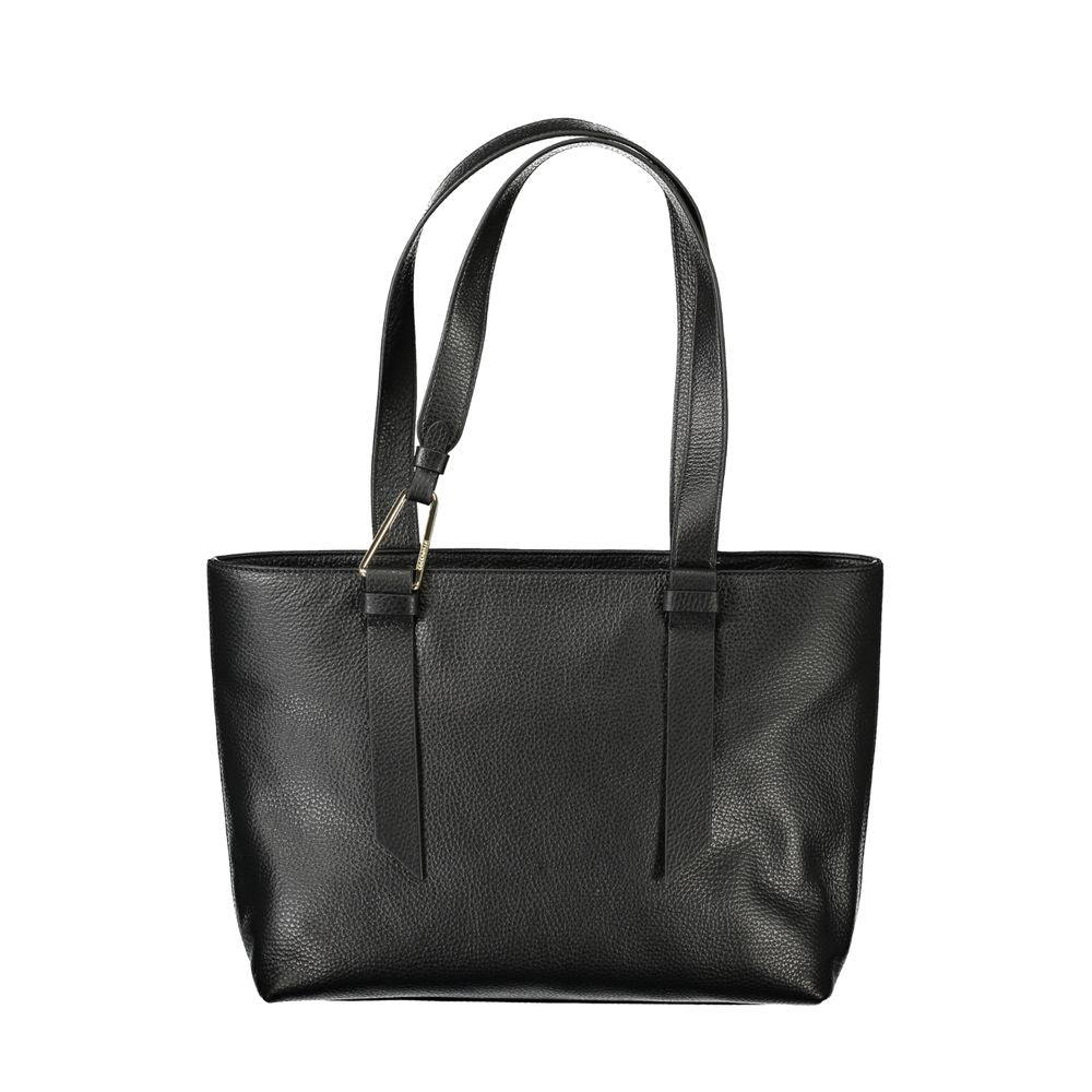 Coccinelle Black Leather Handbag, MALORY BAG with shoulder handles, internal pockets, zip closure, protective feet, and logo.