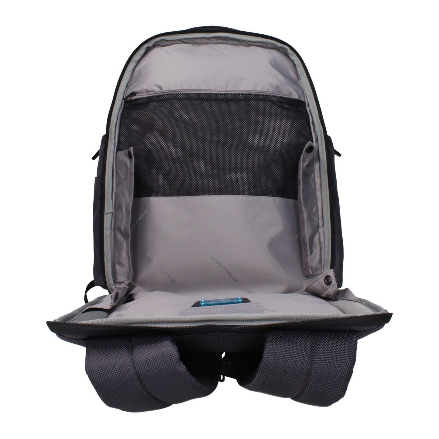 Open Piquadro Gray Nylon Backpack showing interior compartments for iPad/PC, RFID, water-resistant design.