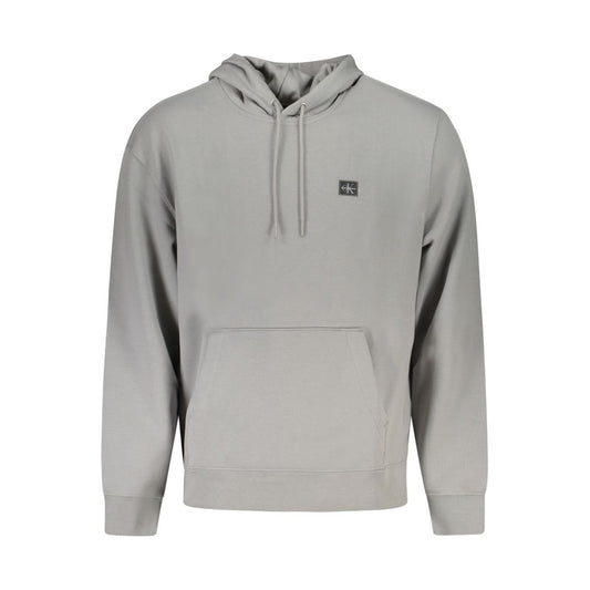 Calvin Klein Gray Recycled Polyester Men Sweater with hood and front pocket, featuring logo applique for eco-friendly style.