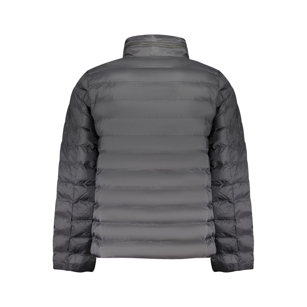 Calvin Klein Black Polyamide Men Jacket with removable hood and zipper front, showcasing sleek design and water resistance.