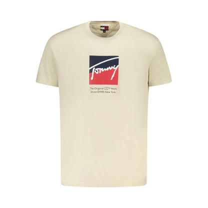 Tommy Hilfiger Beige Cotton Men T-Shirt with crew neck and logo print, eco-friendly design with 95% regenerative cotton.