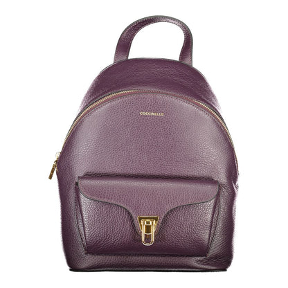 Coccinelle Purple Leather Women Backpack with external pocket and twist closure, showcasing Italian craftsmanship and luxury design.