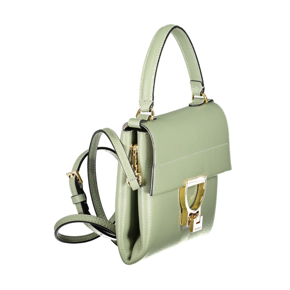 Coccinelle Green Leather Women Handbag with adjustable strap and gold twist closure, showcasing Italian craftsmanship and modern elegance.