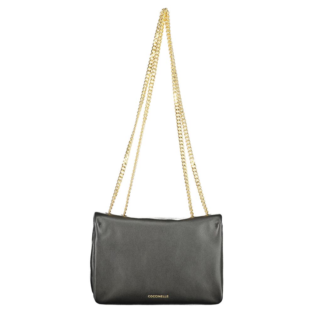 Coccinelle Black Leather Women Handbag with dual chain shoulder handles and iconic logo, showcasing Italian craftsmanship and chic sophistication.