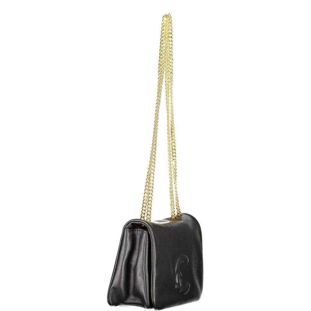 Side view of Coccinelle Black Leather Women Handbag with dual chain shoulder handles and iconic logo, showcasing Italian craftsmanship elegance.