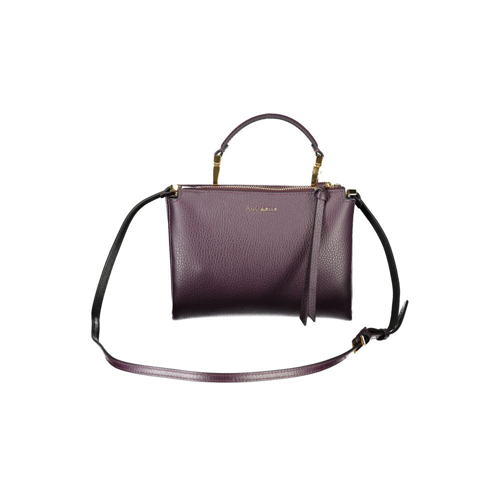 Coccinelle Purple Leather Women Handbag with adjustable strap and removable handle, featuring elegant design with zip and snap closure compartments.