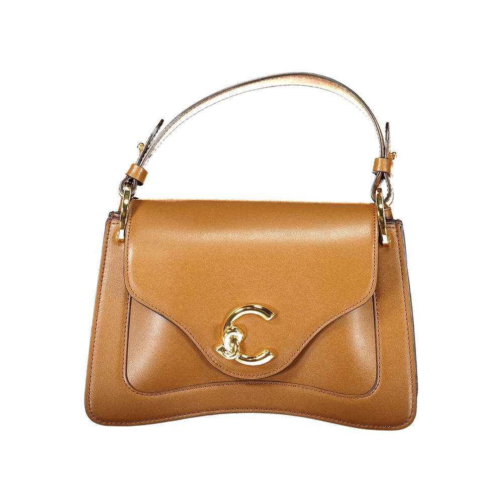 Coccinelle Brown Leather Women Handbag with removable handle and adjustable strap, featuring luxurious design and gold clasp detail.