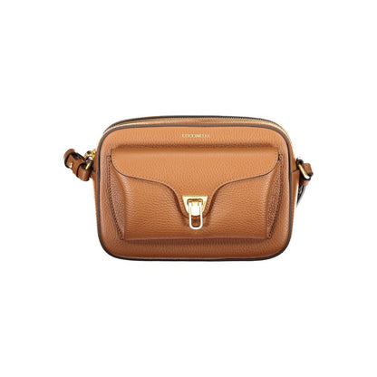 Coccinelle Brown Leather Women Handbag with adjustable strap and twist closure pocket for elegance and functionality.