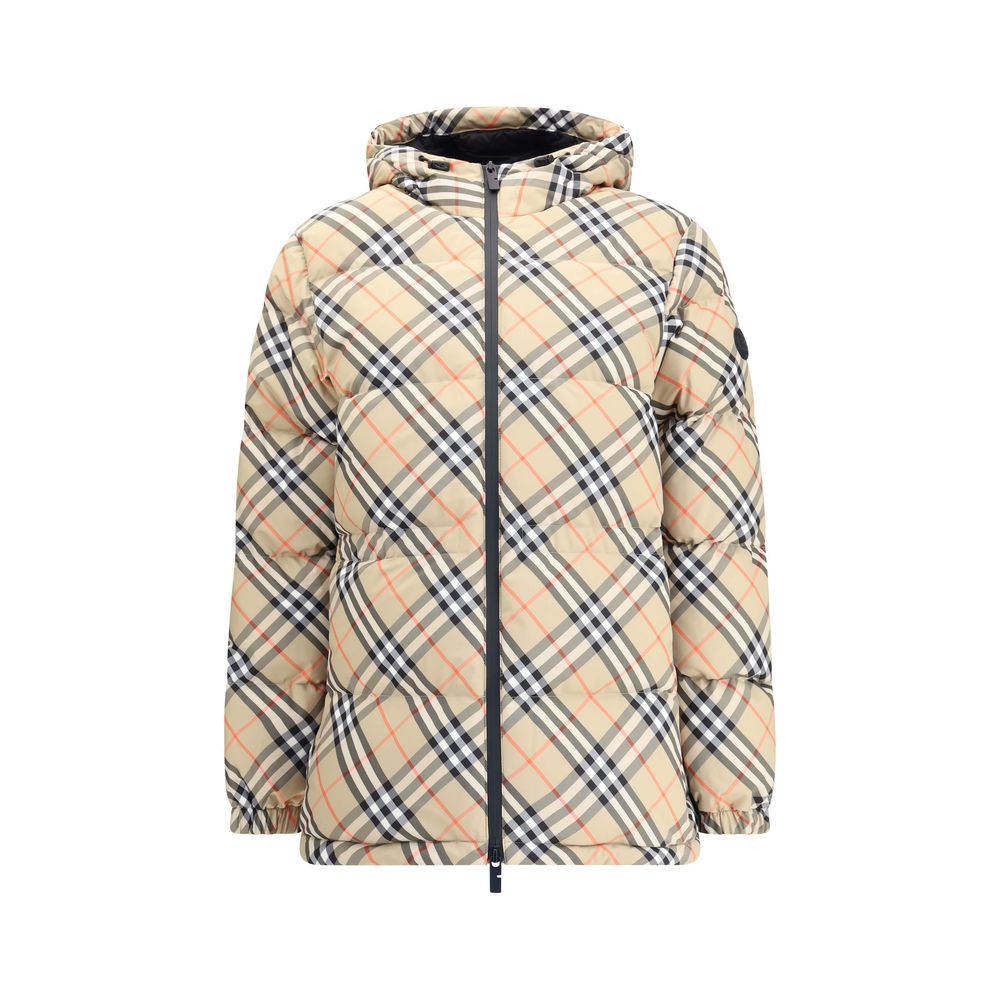 Burberry Beige Polyester Full-Length Jacket with iconic check pattern, adjustable hood, and silicone label design.